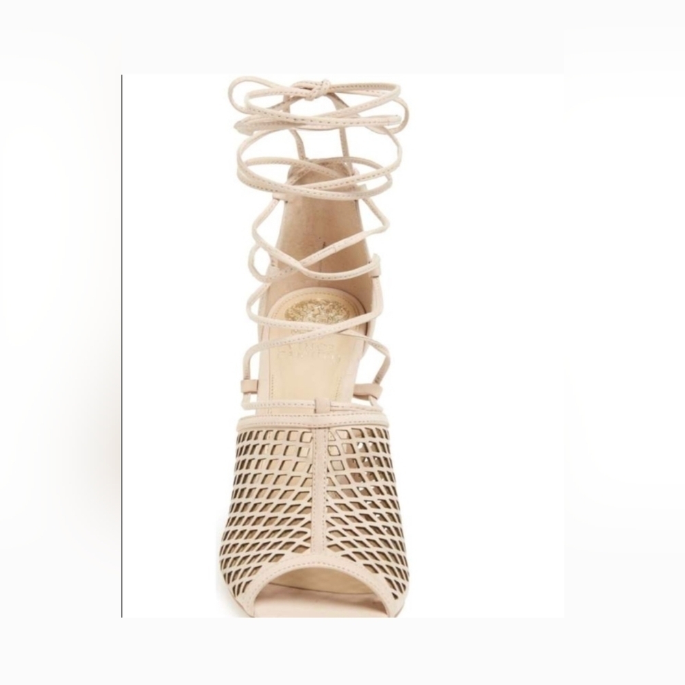 Vince Camuto Vasha Lace Tie Up High Heel Strappy Cutout Nude Beige Sandals 9.5 - Picture 3 of 14